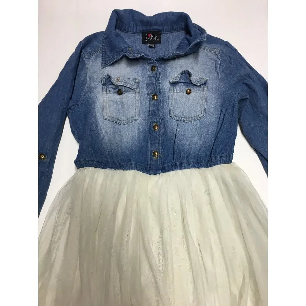 Lilt Jean Dress Button Up Tulle Ruffle Bottom Long Sleeve Girls M 7/8
